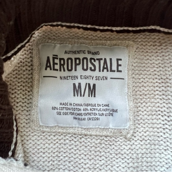 Aeropostale Sweater Mens Medium Beige Pullover 1/4 Button Mock Neck Long Sleeve - Picture 6 of 7